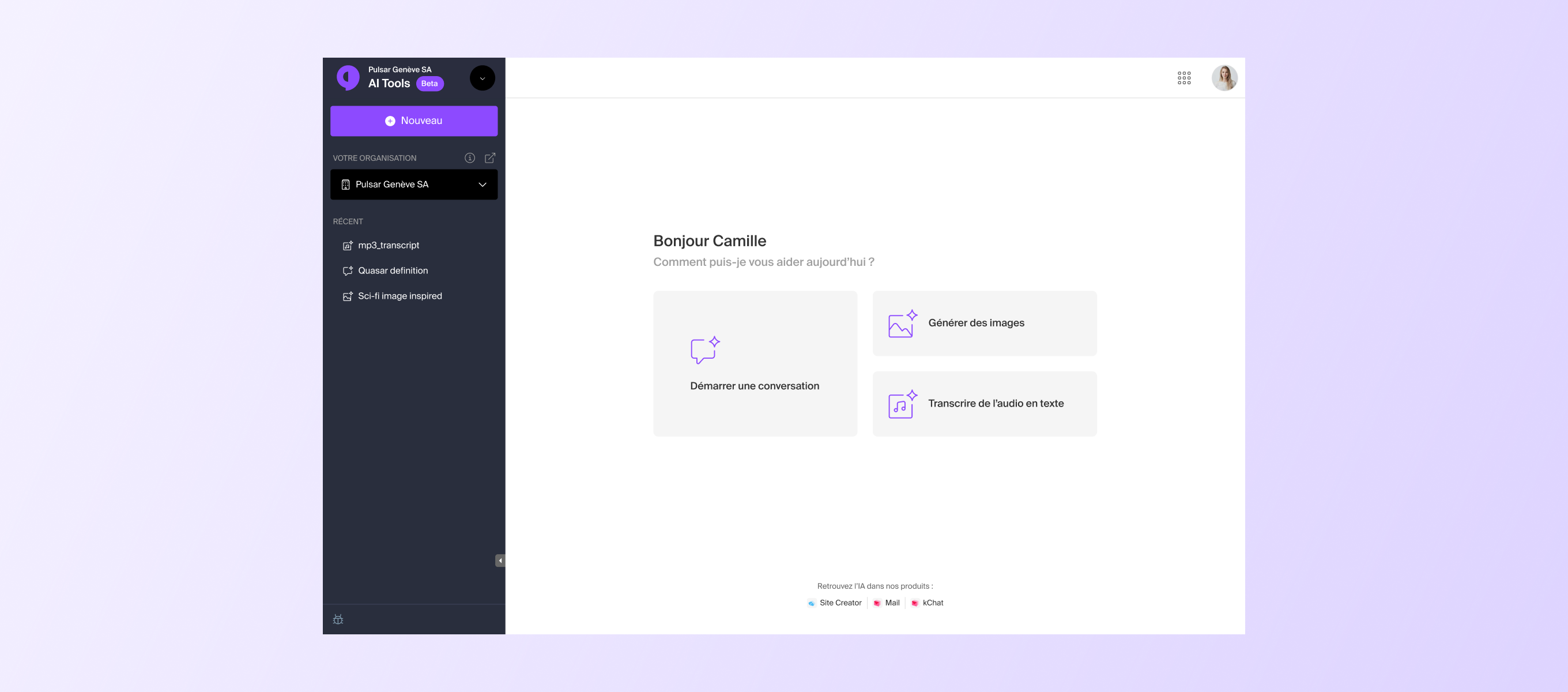 AI Tools — écran d'accueil