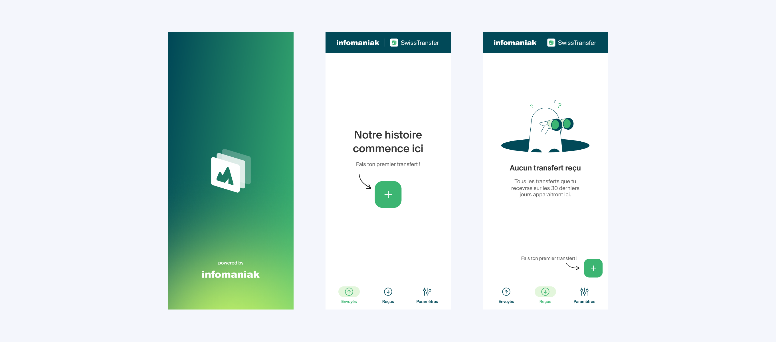 SwissTransfer app mobile — écrans d'accueil et de réception